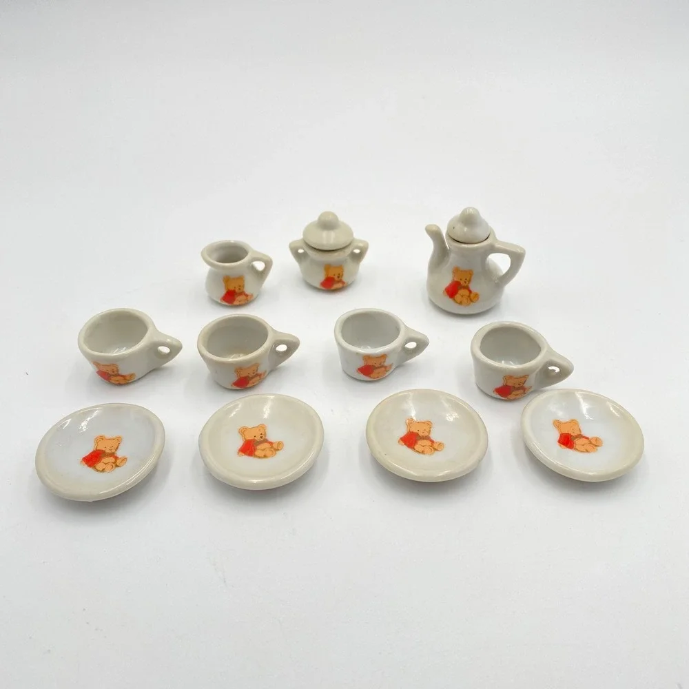 Vintage Miniature Ceramic Teddy Bear Tea Set 11 Piece Dollhouse Accessory White